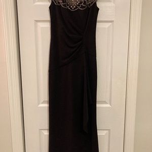 XSCAPE long black evening dress with beaded full neckline stones and bufle beads